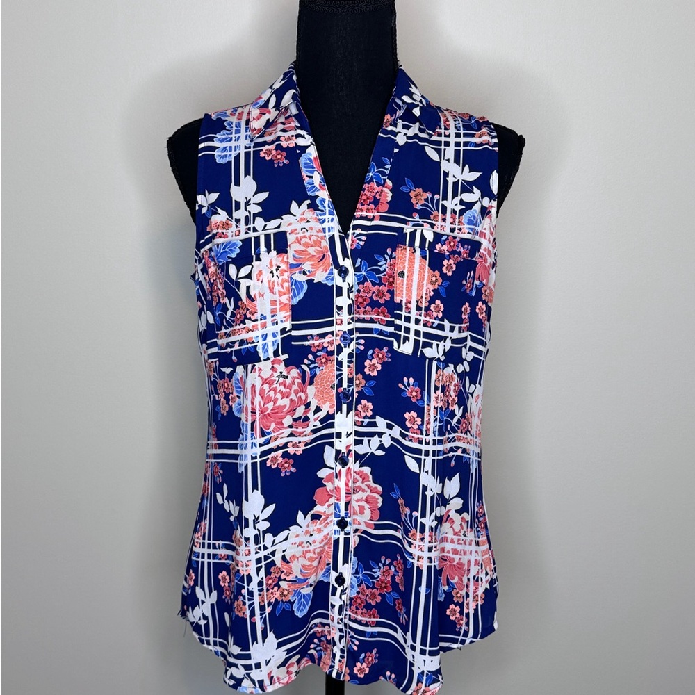 Express Tank Top Blouse Womens Petite Small Blue Orange Button Floral Collar